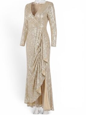 NWT Leena for MacDuggal Gold Sequin V-Neck Long Sleeve Gown SZ:6 Gala Wedding